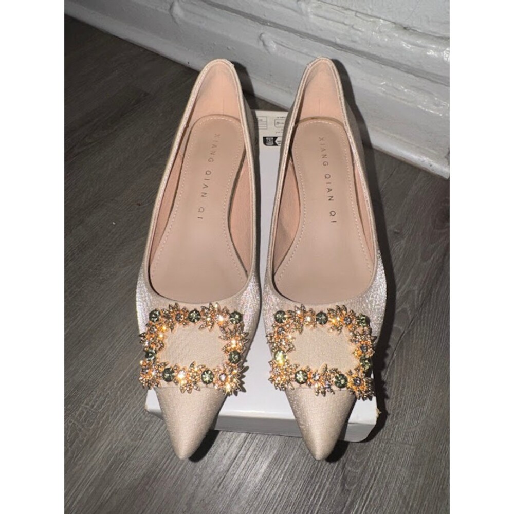 Blush Satin Jeweled Pointed Toe Flats Crystal Buckle Dress Shoes